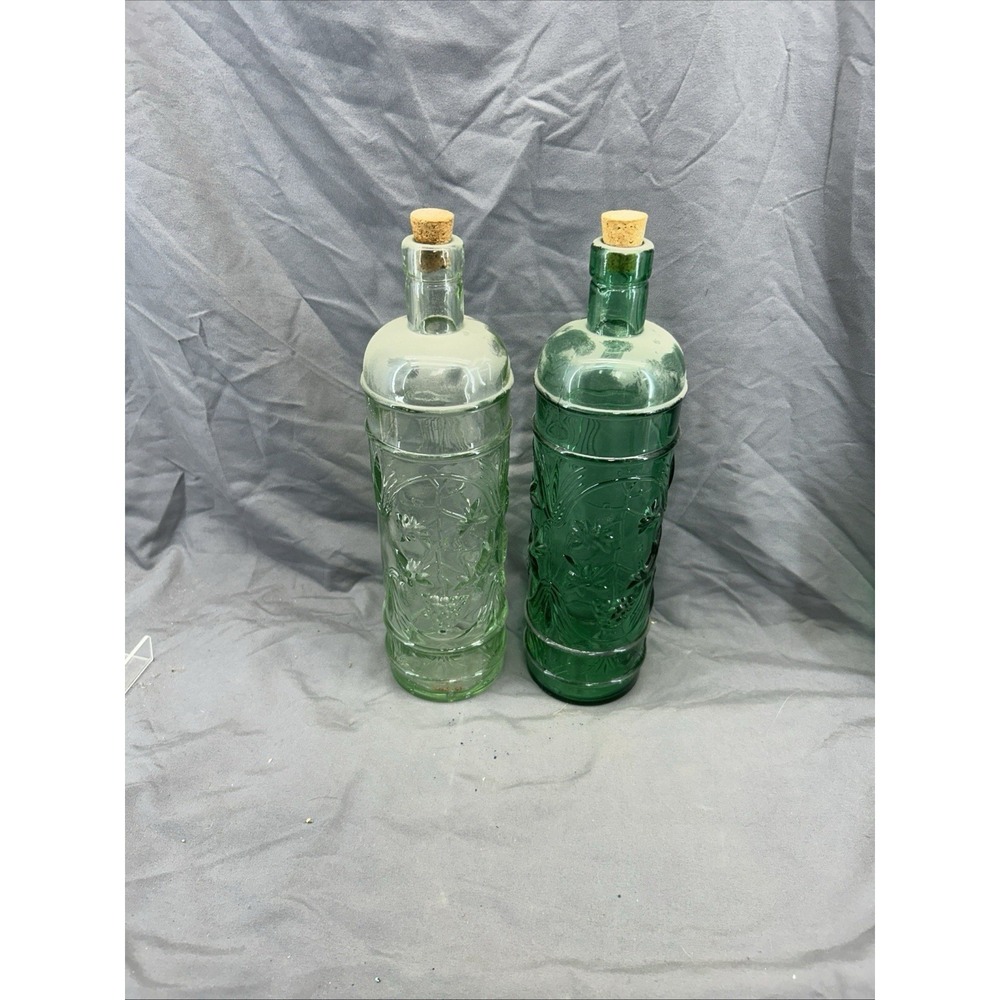 2 Vintage Slag GREEN GLASS BOTTLE for Repurpose Corked Grape Vine Raised Design